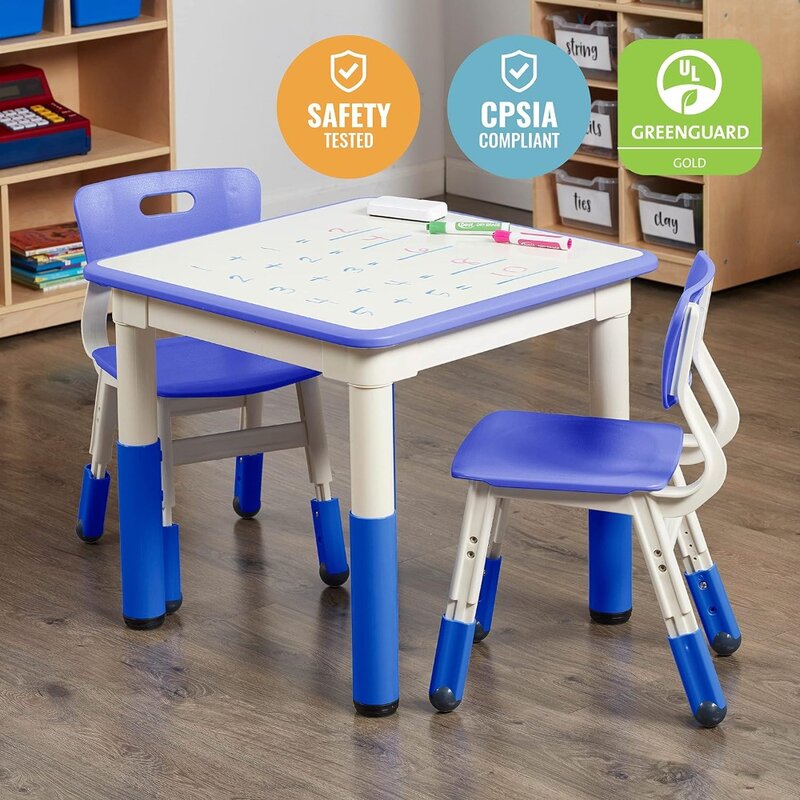 Table carrée bleue effaçable à sec pour enfants, meubles réglables pour enfants, table d'activité avec 2 chaises, 3 pièces