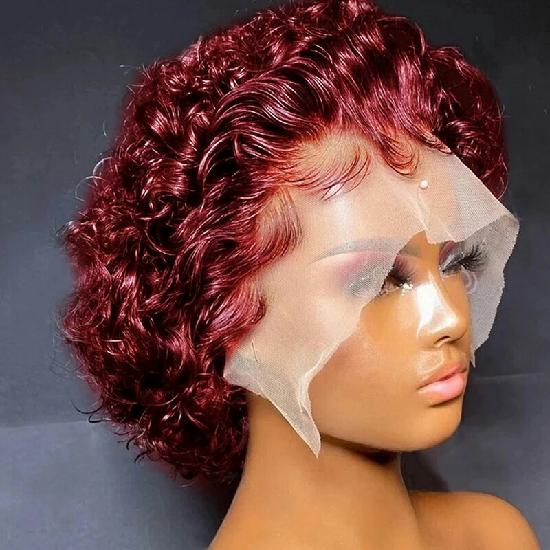Pixie Cut Wig Short Bob Curly Human Hair Glueless Wig 13X1 Transparent Lace Front Wigs For Women 99J/Burgundy/Blonde Wigs Cheap
