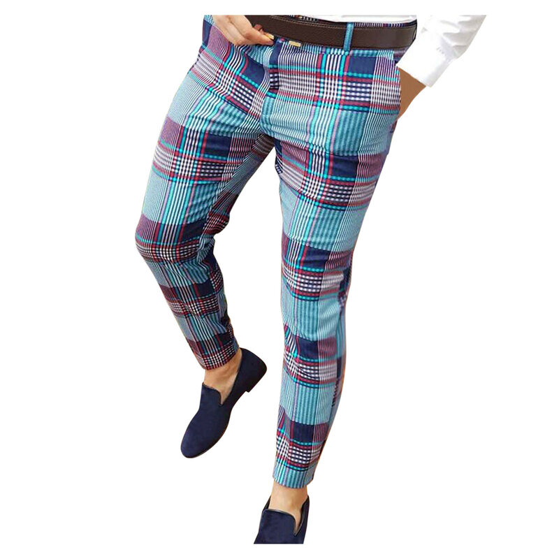 Summer Men's Casual Pants Plaid Social Stretch Trousers Mid Waist Skinny Business Office Working Party Male Suit Pants Autumn