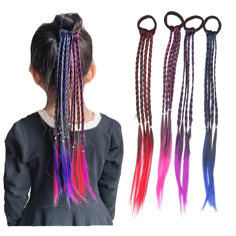 Extensões coloridas de cabelo trançado rabo de cavalo para meninas, peruca sintética com elástico, postiços arco-íris Y2K para crianças, 4 unid, 45cm