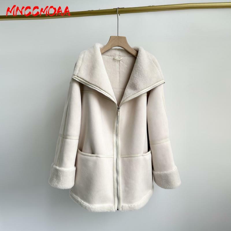 MNCCMOAA 2024 Winter Women Fashion Loose Thickening Warmth Faux Leather Jacket Coat Female Casual Long Sleeve Zipper Outerwear