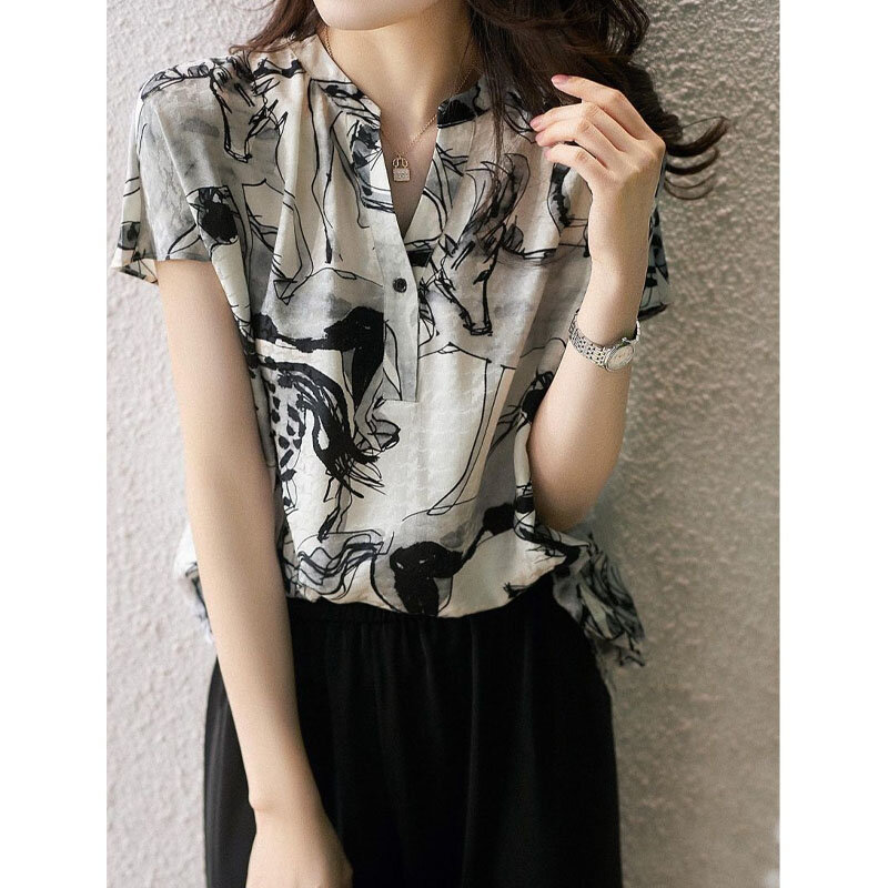 Fashionable Vintage Printed V-Neck Chiffon Blouse Women's Clothing 2023 Summer Casual Temperament All-match Short Sleeve Shirt