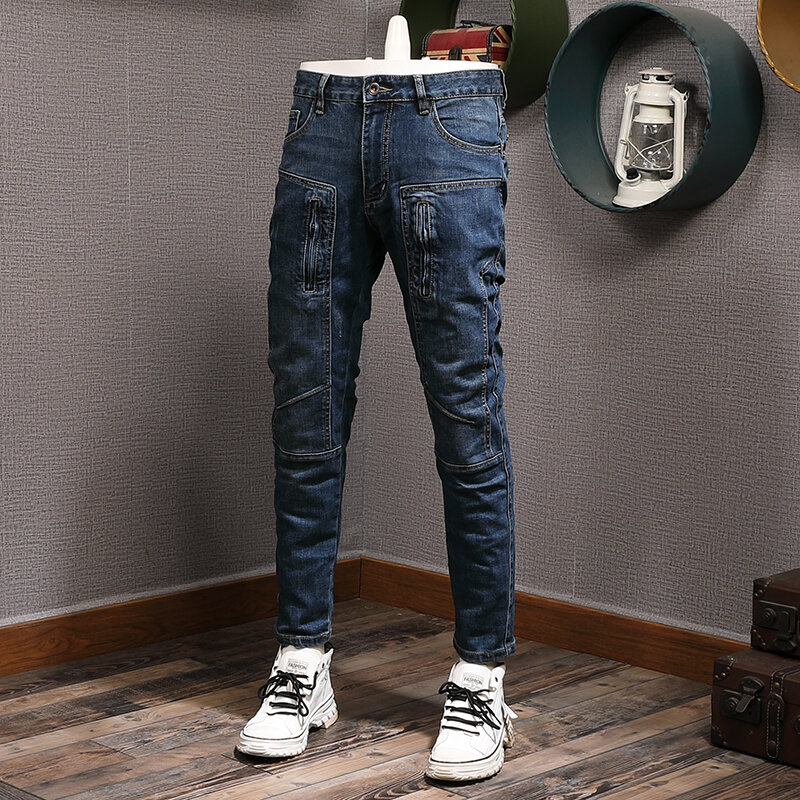 Streetwear Faashion męskie jeansy niebieskie w stylu Retro rozciągliwe dopasowanie dopasowane łączone jeansy dla motocyklistów Homme Zipper Designer Hip Hop poszarpane spodnie Hombre
