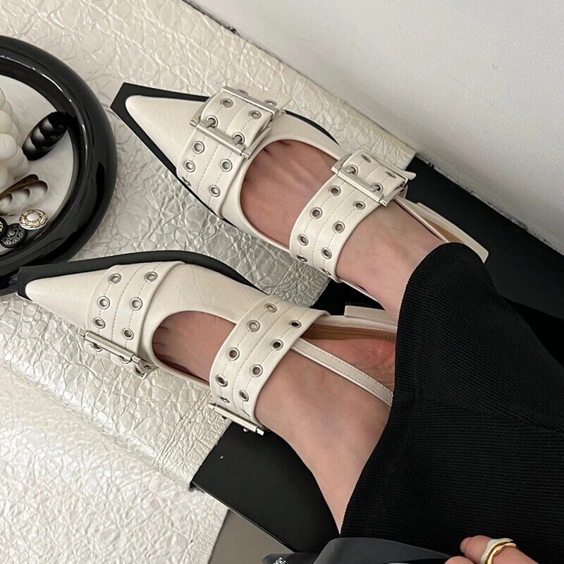 Mary Janes 2024 Women Flats Shoes Slingback Fashion Pointed Toe Ladies Lolita Shoes Mules Buckle Outdoor Female Luxury Sandals