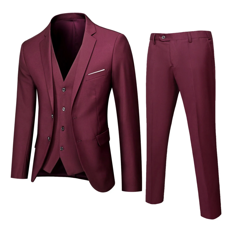 Fato de negócios justo masculino, jaqueta de festa de casamento, colete e calça, 3 peças