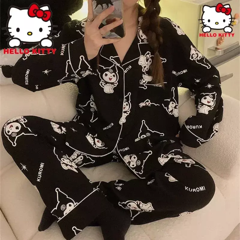 Sanrio-Conjunto de Pijama de Hello Kitty para mujer, pantalones de manga larga, ropa de casa para estudiantes, My Melody Anime, Y2K, Japón, otoño