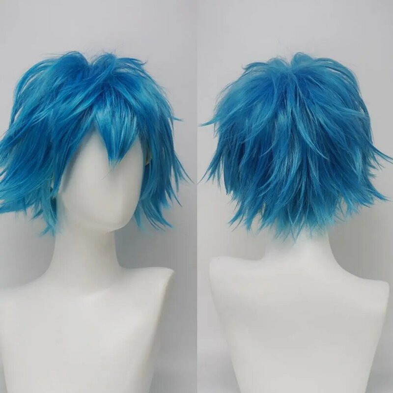 شعر مستعار قصير مجعد باللون الرمادي والأزرق ، تأثيري أنيمي ، شعر مستعار اصطناعي