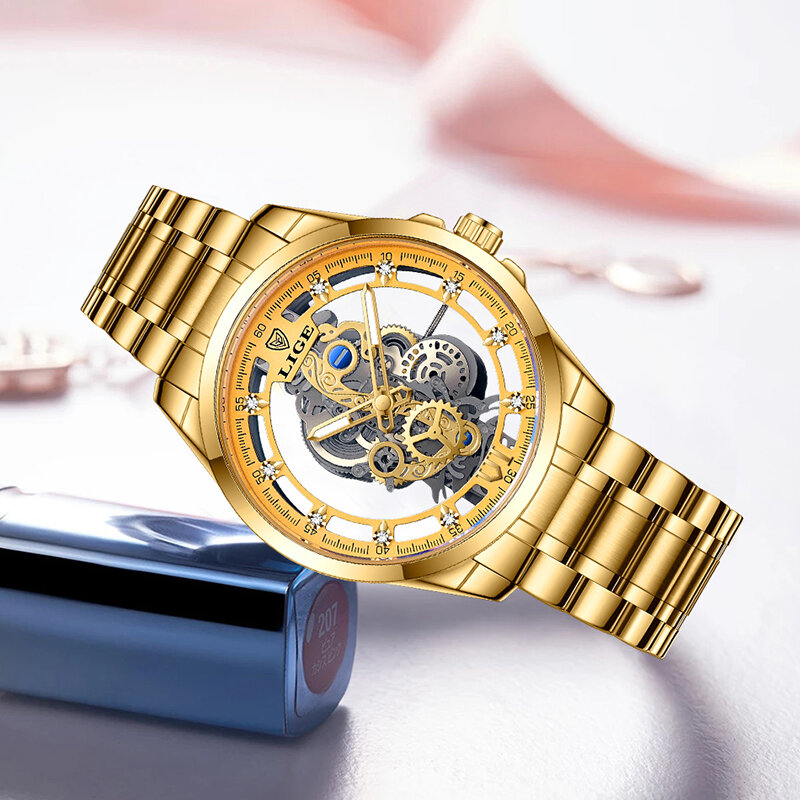 LIGE 2023 여성용 골드 시계, 모든 강철 해골 디자인, 여성용 팔찌 시계, 여성용 시계, Relogio Feminino, 신제품