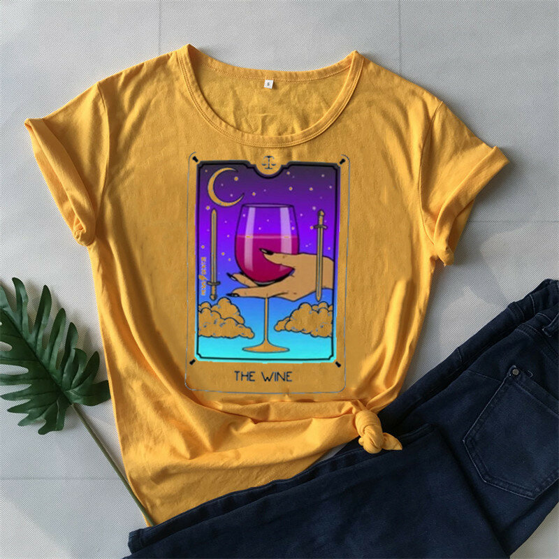 T-shirt con carta dei tarocchi del vino maglietta con grafica fresca da donna maglietta a maniche corte con scollo tondo Casual da ragazza Streetwear