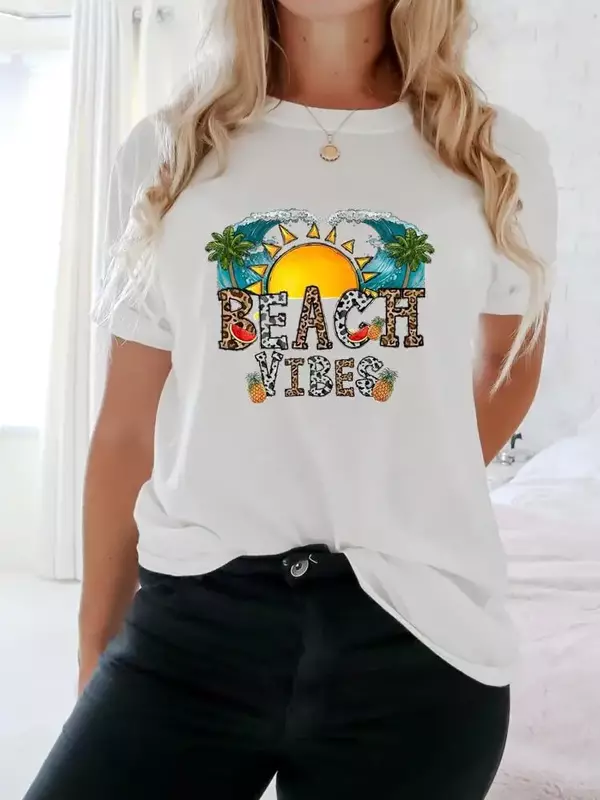 T-shirt de manga curta para as mulheres, roupas casuais com carta impressa, tendência dos anos 90, moda verão