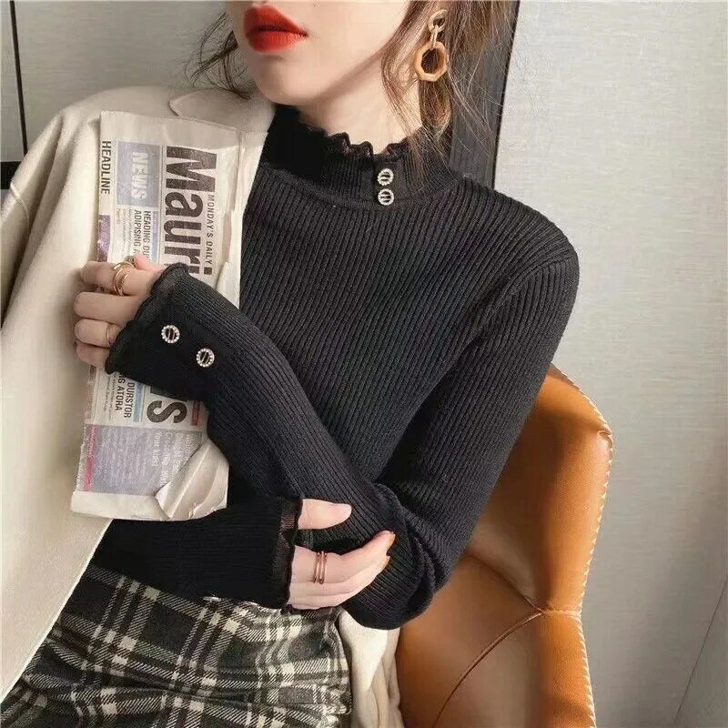 Suéter de cuello alto para mujer, Tops elásticos, jerséis de punto de manga larga, suéter de punto de fondo, moda 2024