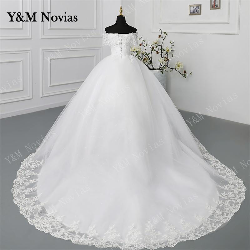 Y & M Novias Off Shoulder Plus Size Vestido De Noiva 2023 Trouwjurk Lange Trein Of Floor Appliqes Parels bruids Tule Mariage
