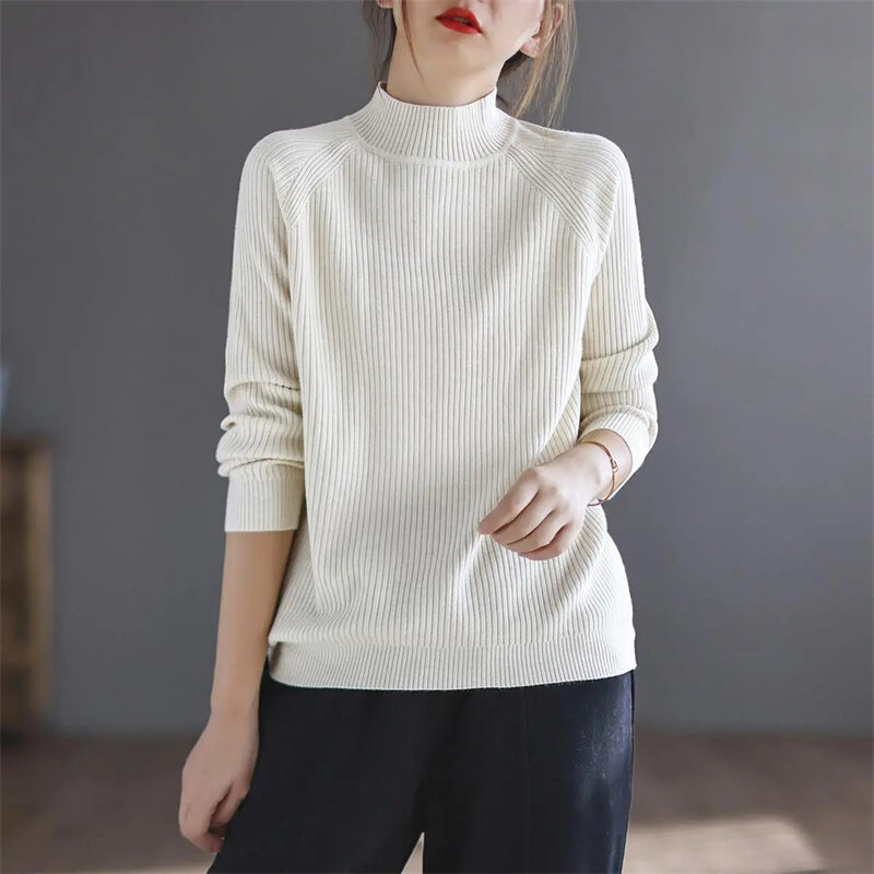Turtleneck Sweater rajut wanita, Sweater rajutan lengan panjang, pullover rajut, atasan melar, mode 2024