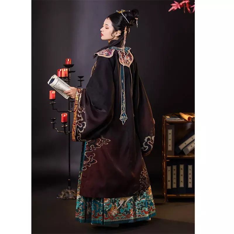 HanTang Chinese Traditional Ming Dynasty Hanfu Women’s Stand Collar Black Long Robe Cloud Shoulder Horse Face Skirt Full Set