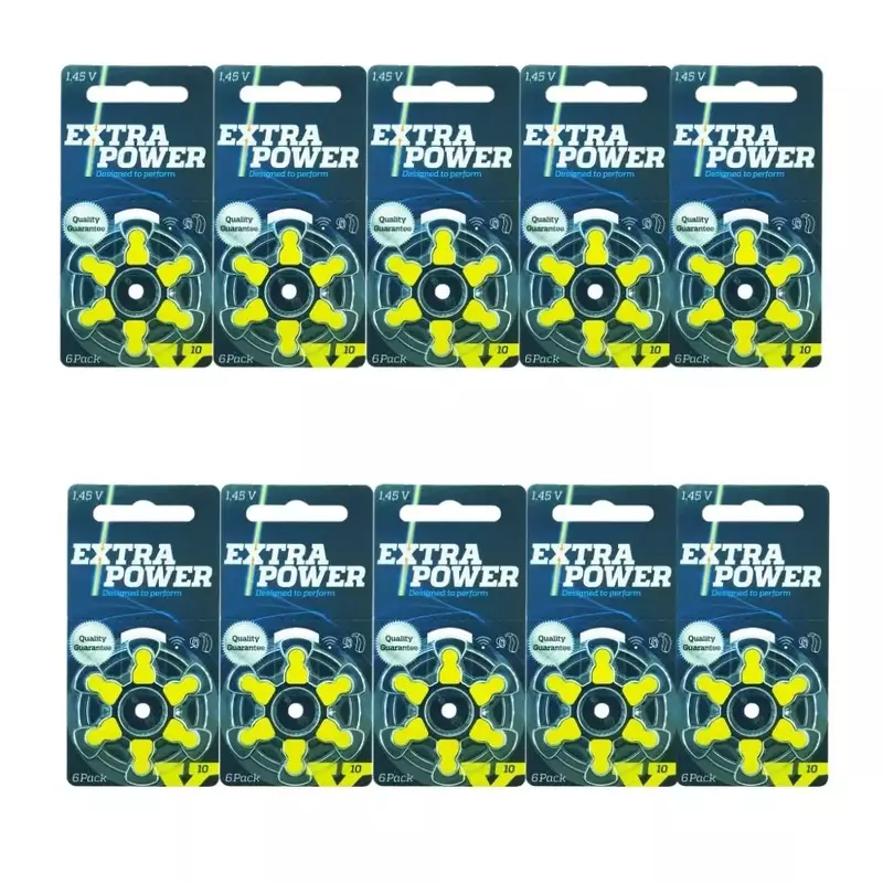 Caixa de Baterias de Aparelhos Auditivos Extra Power, Baterias De Ar De Zinco Amarelo, Tamanho 10, A10, 10A, 1.45V, PR70, 60 Células De Bateria