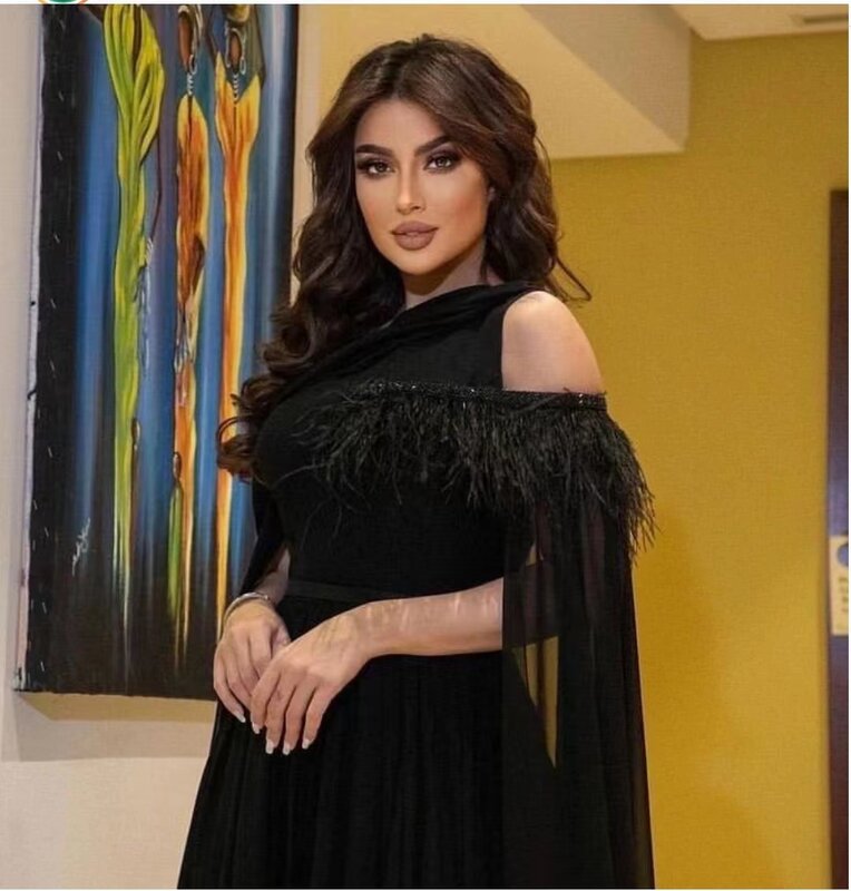 Elegant Black Halter A-line Off Shoulder Tulle Evening Dress Lace Ankle Length Feather Arabic Muslim Prom Party Gown 2023 New