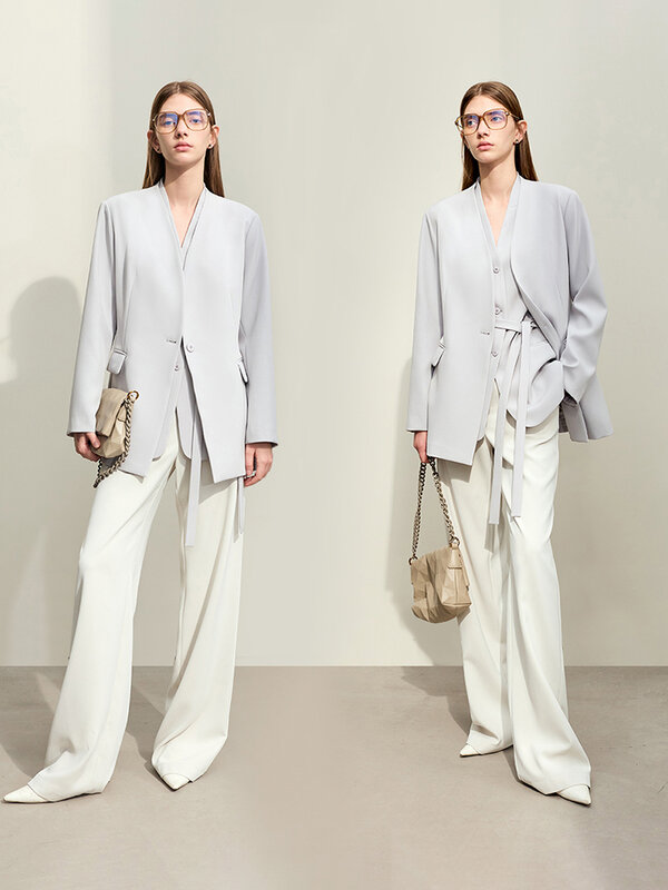 AMII-Blazer minimaliste pour femme, col en V, couleur unie, bouton unique, nouvelle collection printemps 2024, 12441146
