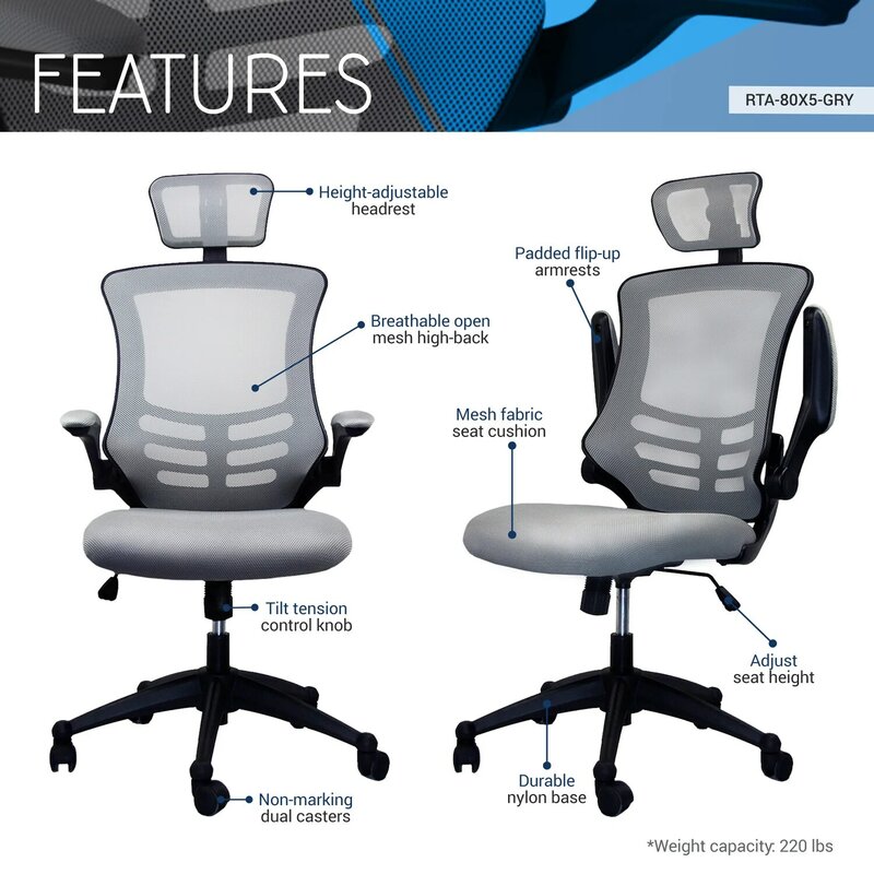 Nowoczesne srebrnoszare krzesło biurowe z wysokim oparciem i zagłówkiem oraz podnoszonymi ramionami firmy Techni Mobili, stylowe i ergonomiczne