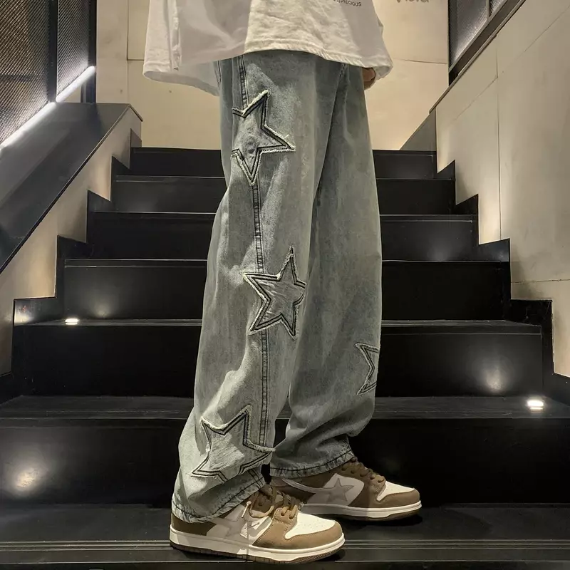 Haftowane gwiazdy proste męskie jeansy gotyckie neutralne nowe szerokie nogawki luźne Hip-hopowe młodzieżowe spodnie w stylu Streetwear Y2K