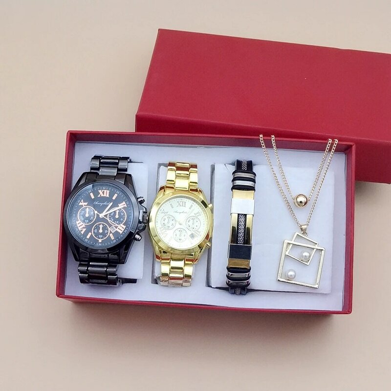 Set jam tangan pasangan Quartz modis merek Top jam tangan kalender baja pria wanita dengan gelang pria wanita hadiah kalung untuk kekasih