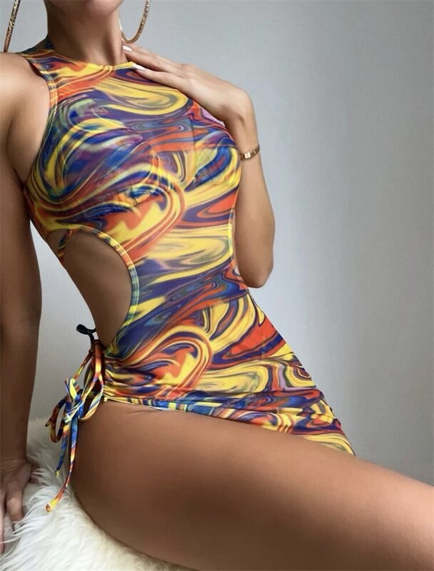 1 Piece Printed Women's Swimsuit underwear Summer Party Lace Up Beach Holiday Sexy Hollow Casual Daily Hot Girl Streetwear