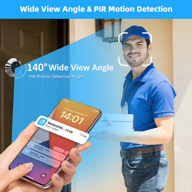 Inteligente 3MP mini câmera digital olho mágico sem fio wi fi infravermelho IR pir detecção de movimento visualizador digital campainha icam365 app