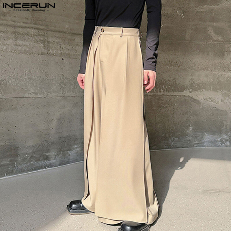 INCERUN męskie spodnie z szerokimi nogawkami w jednolitym kolorze spodnie z guzikami luźne nieregularne spodnie męskie Streetwear 2024 modne długie spodnie