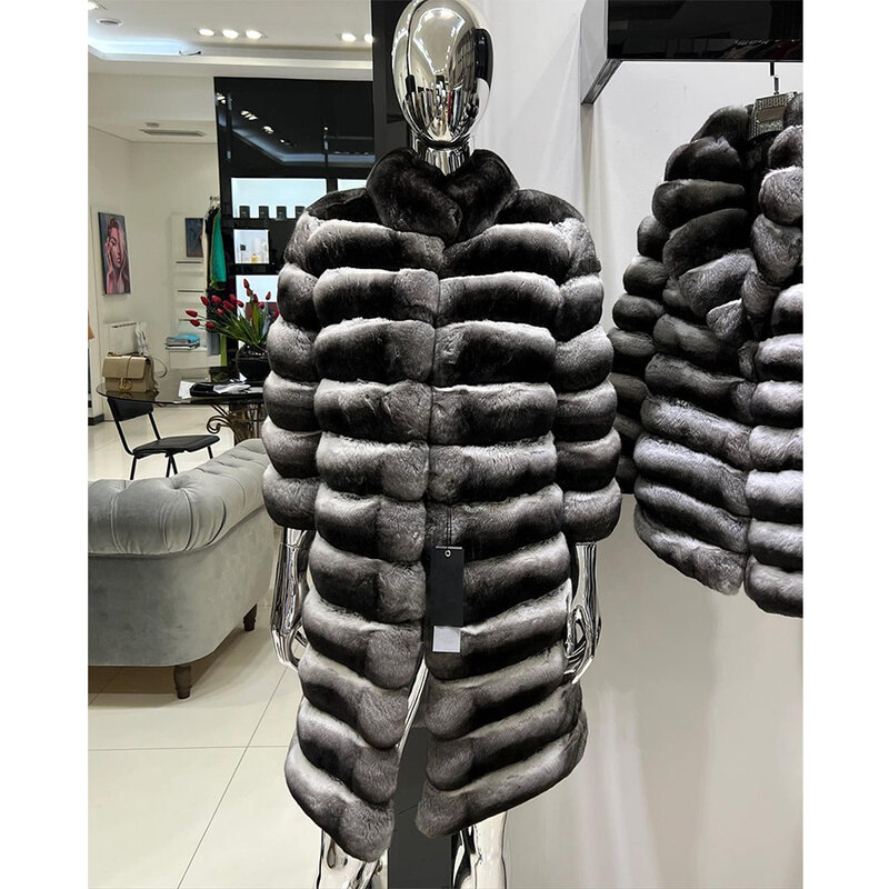 Mantel bulu asli jaket bulu kelinci Rex alami mantel wanita hangat merek mewah panjang menengah bulu Chinchilla