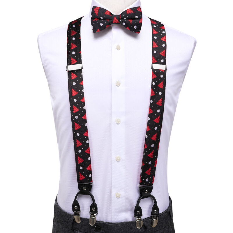 Hi-Tie Christams-Tirantes de seda negra y roja para hombre, tirantes de moda, pajarita de Navidad, cuero, Metal, 6 Clips, tirantes, venta al por mayor