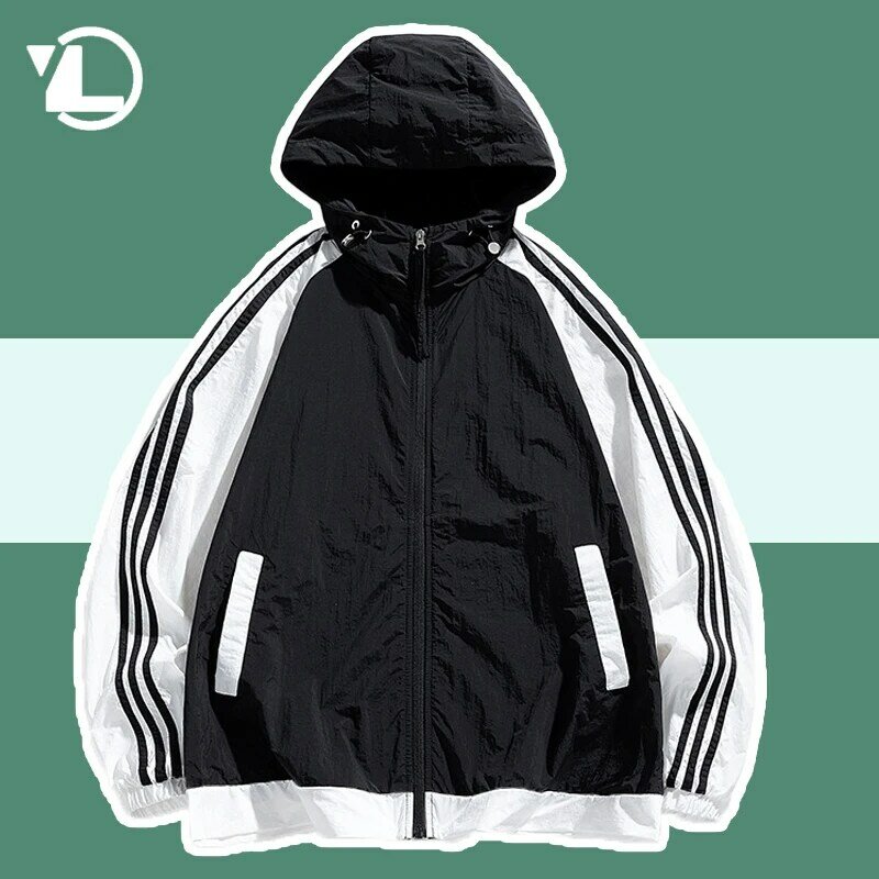 Sunscreen Clothing Coats Men Spring Autumn Striped Color Block Loose Zipper Hooded Jackets Casual Sports Varsity Outwear Thin