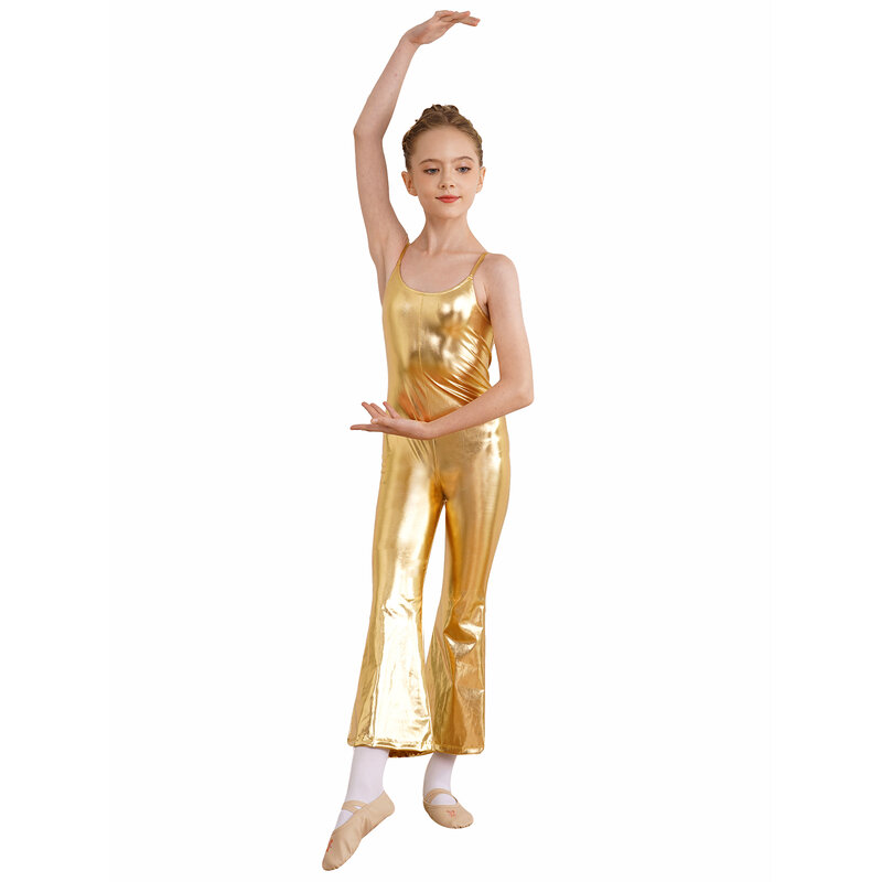 Macacão metálico feminino com alças de espaguete ajustáveis, sem mangas, bodysuit com fundo de sino, traje de dança jazz, macacão brilhante infantil