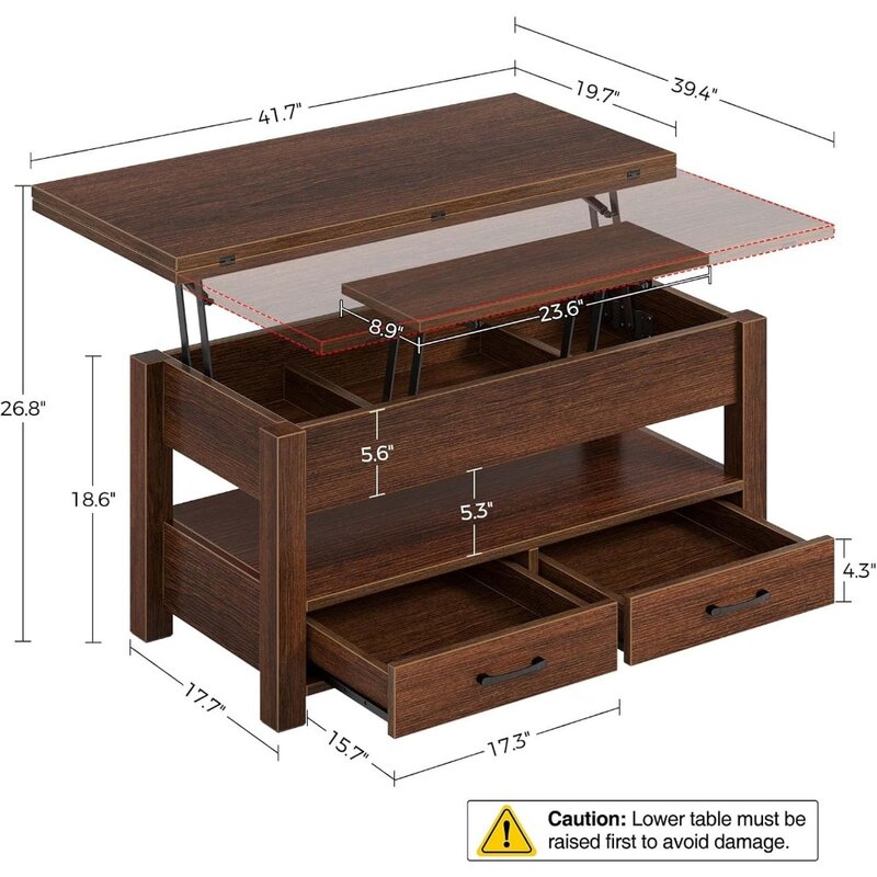 다기능 컨버터블 커피 테이블 리프트 탑, 서랍 및 숨겨진 칸막이
