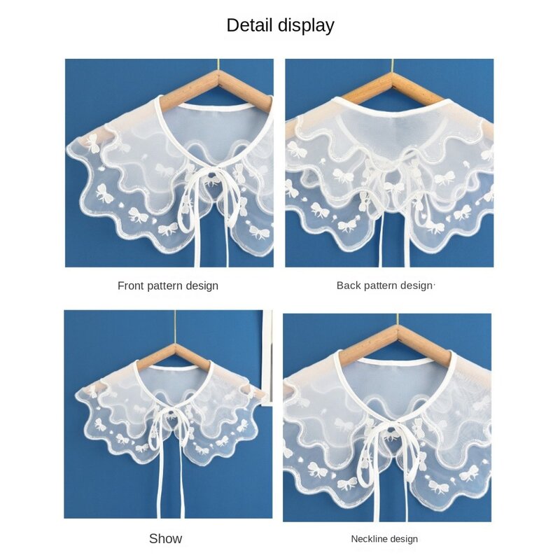 Organza 자수 여성용 레이스 칼라 패션 레이스업 숄 활, 가짜 칼라 원피스 블라우스 장식, 흰색 분리형 셔츠