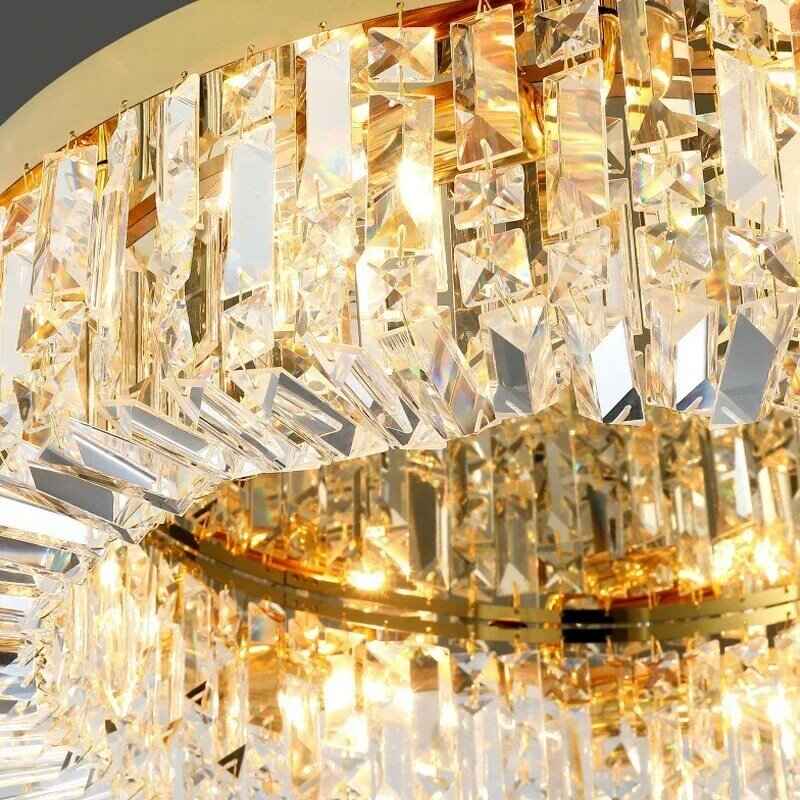 Lampu gantung kristal Led Modern, lampu langit-langit emas bulat ruang makan ruang tamu, dekorasi rumah