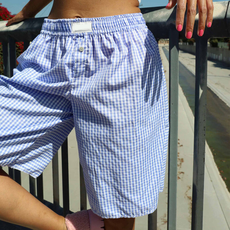 Celana pendek wanita, Y2K Vintage longgar pinggang elastis kasual musim panas warna Solid/kotak-kotak cetak celana pendek pantai klub malam Streetwear