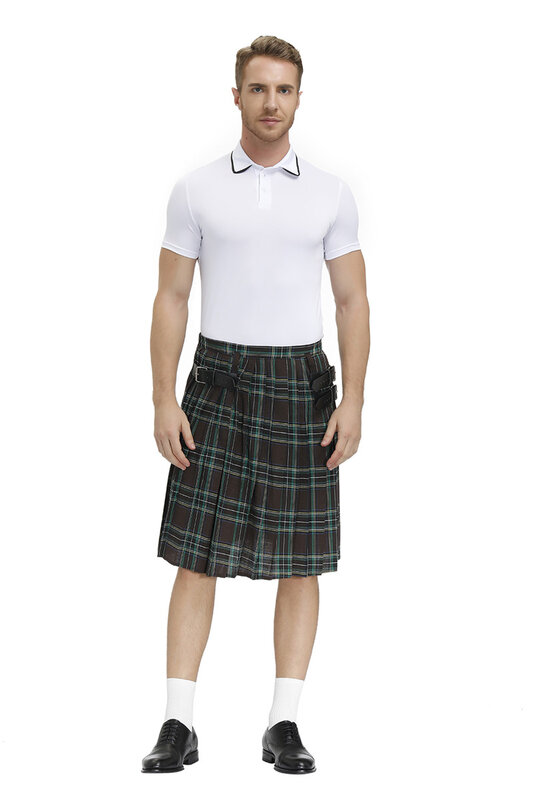 Мужская традиционная плиссированная юбка в шотландскую клетку с ремнем, двусторонняя цепочка, готические панковские юбки в стиле хип-хоп, Ранд