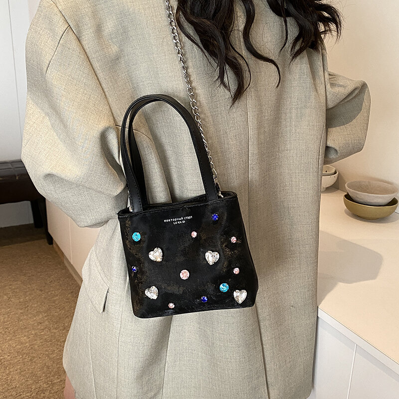 Y2K Cute Diamonds Design Mini Velvet Shoulder Bags for Women PU Leather Chain Crossbody Bag 2024 Korean Fashion Trend Handbags
