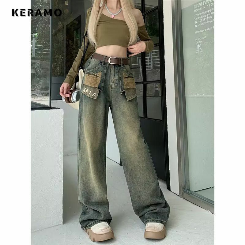 American Vintage High Waist Ripped Jeans Women's Casual 2000s Pants Baggy Y2K Wide Leg Grunge High Street Y2K Denim Trouser