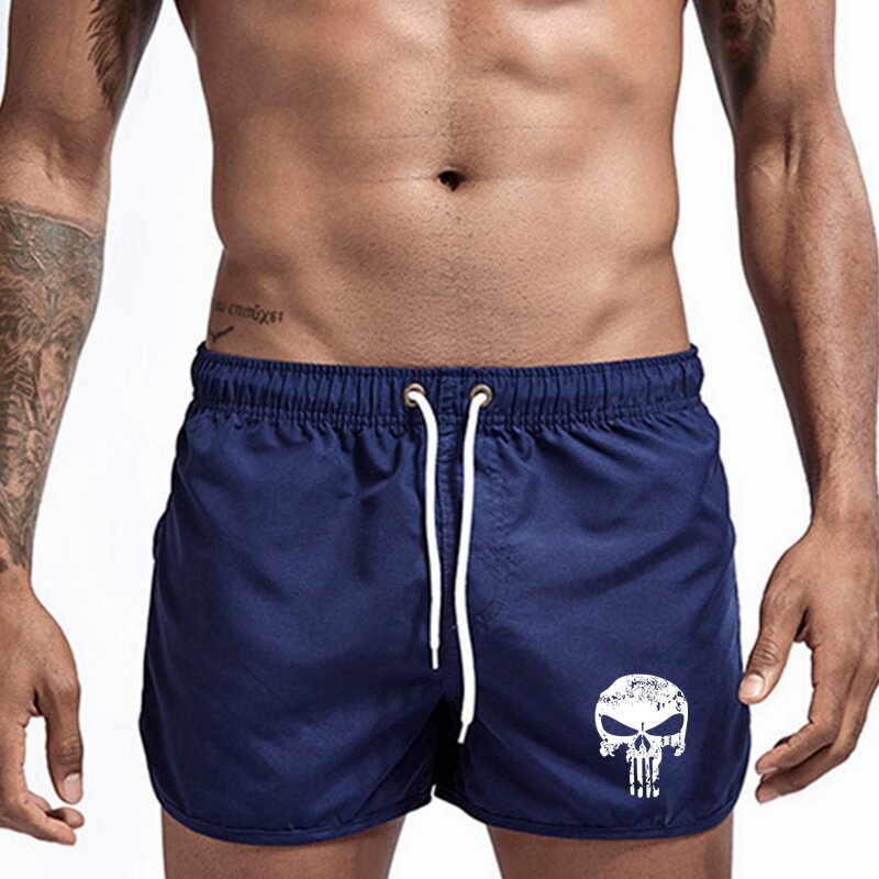 Celana pendek pantai motif tengkorak, celana pendek olahraga Fitness gym pria, celana pantai Bermuda keren ramping kasual musim panas