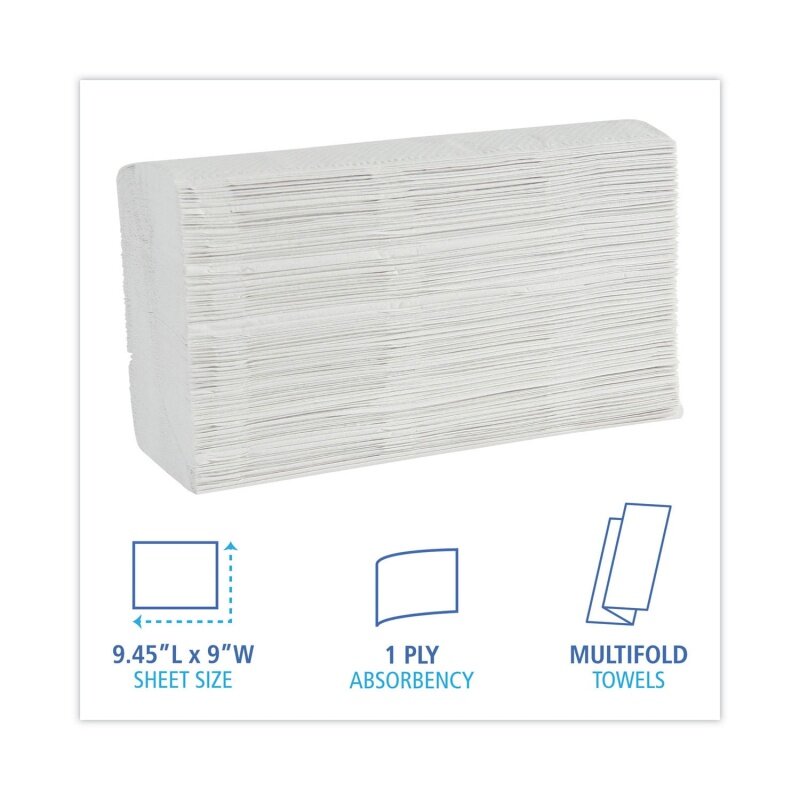 Boardwalk-Serviettes en papier à plis multiples, 1 plis, 9x9.45, 16 paquets, 250 feuilles par paquet, blanc