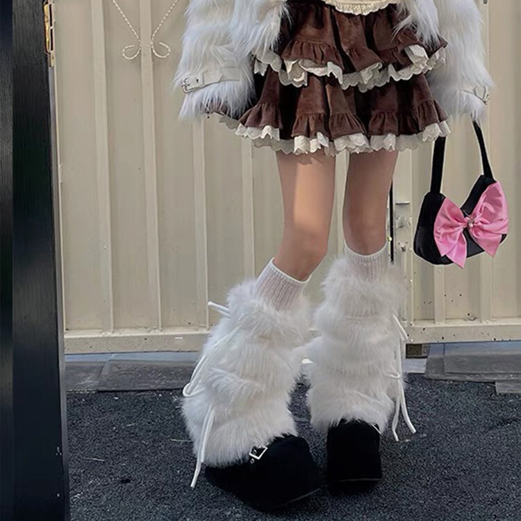 Punk muszka wstążka ocieplacze damskie gotyckie pogrubione futrzane buty ocieplacz na zimę nakładka ochronna na buty dziewczynka Harajuku akcesoria imprezowe