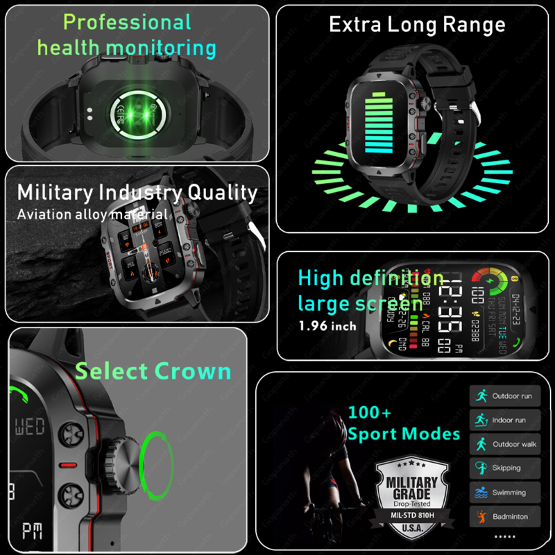 Montre intelligente militaire robuste pour homme, Android, Xiaomi, Ios 3iko, étanche, sport, fitness, voix AI, noir, extérieur, nouveau, 2024