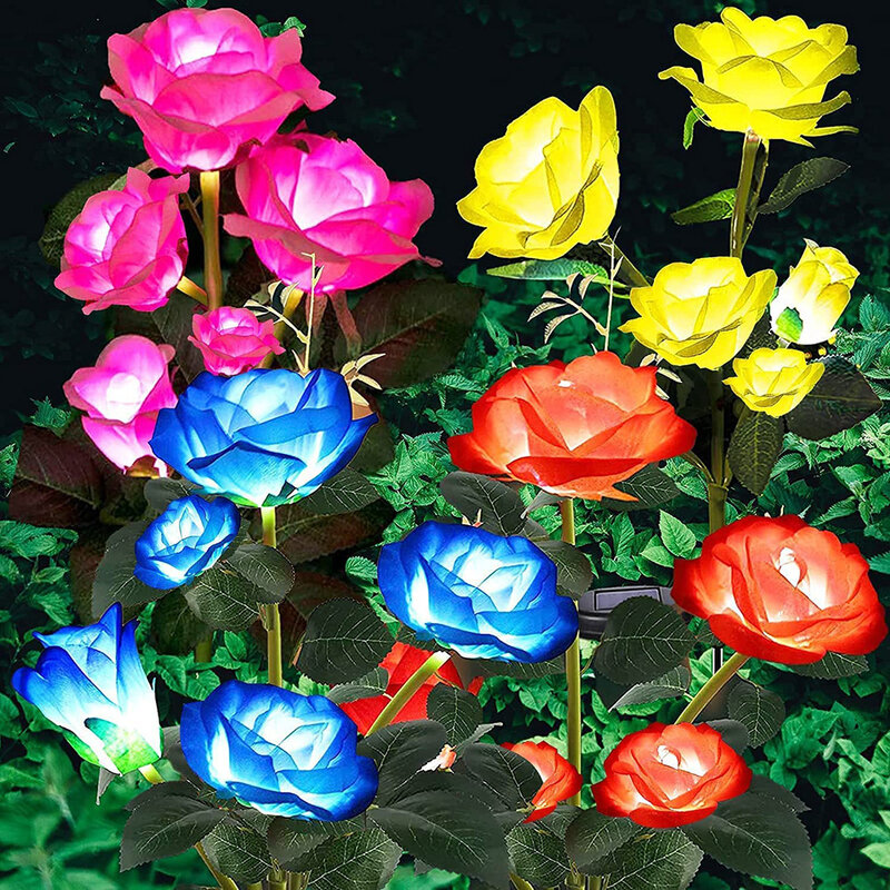 Luces solares decorativas para exteriores, lámpara de flores rosas para césped, Patio, decoración de jardín, 5 cabezales