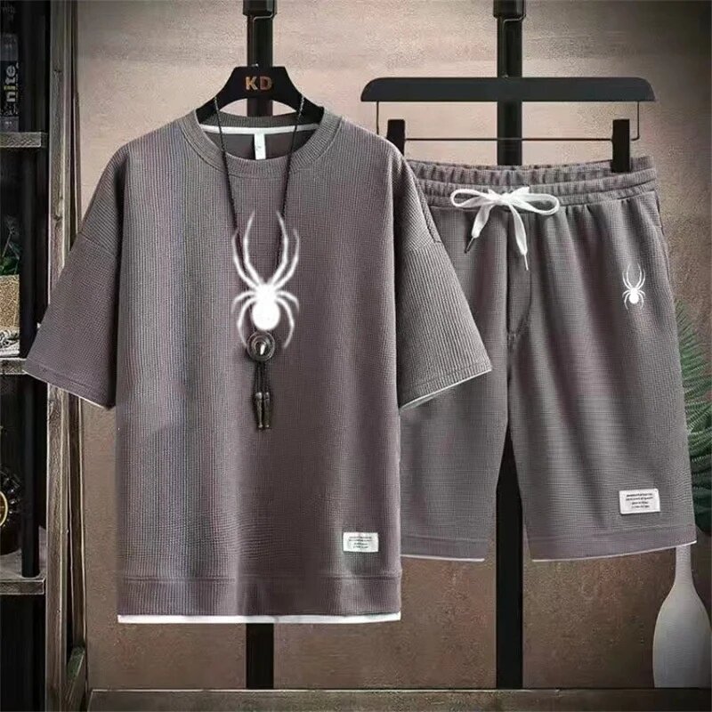 Комплект из 2-х предметов с вафельным узором для мужчин, летняя спортивная одежда, мужская модная одежда в стиле Харадзюку, модный свободный крой