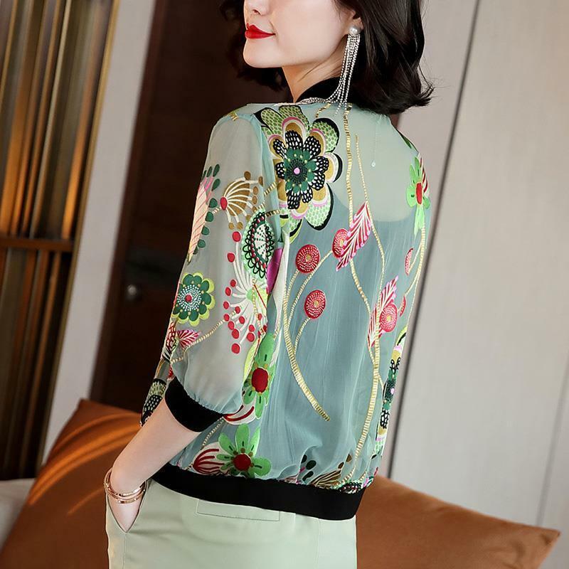 Sunscreen Jackets Women Summer Trendy Printing Stitching Fashion Thin Cardigan Coat Zipper Loose Tops Womens Clothing L08