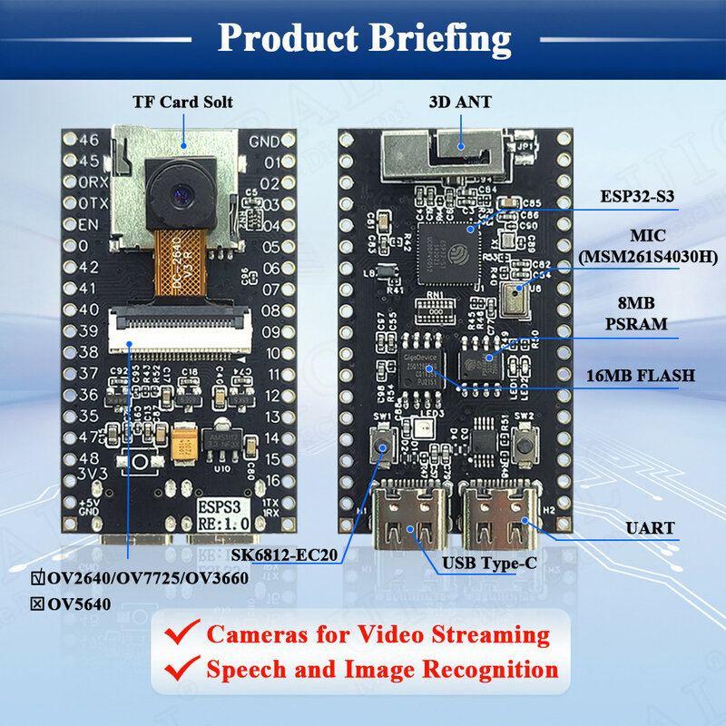 Placa de desarrollo de ESP32-S3, módulo Wifi BT con micrófono OV2640, 2,4G, cámara ESP32, S3, N16R8, 8MB, PSRAM, 16MB, FLASH