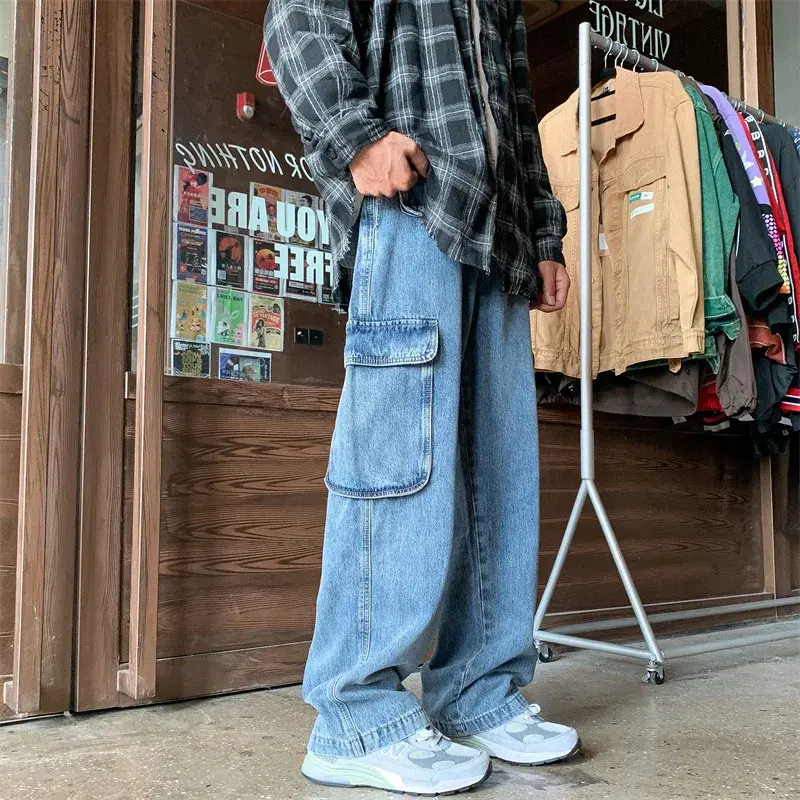 American Style Jeans Men's Loose Fitting High Street Trendy Drape Fashionable Washed Straight Leg Pants Versatile Workwear Pants