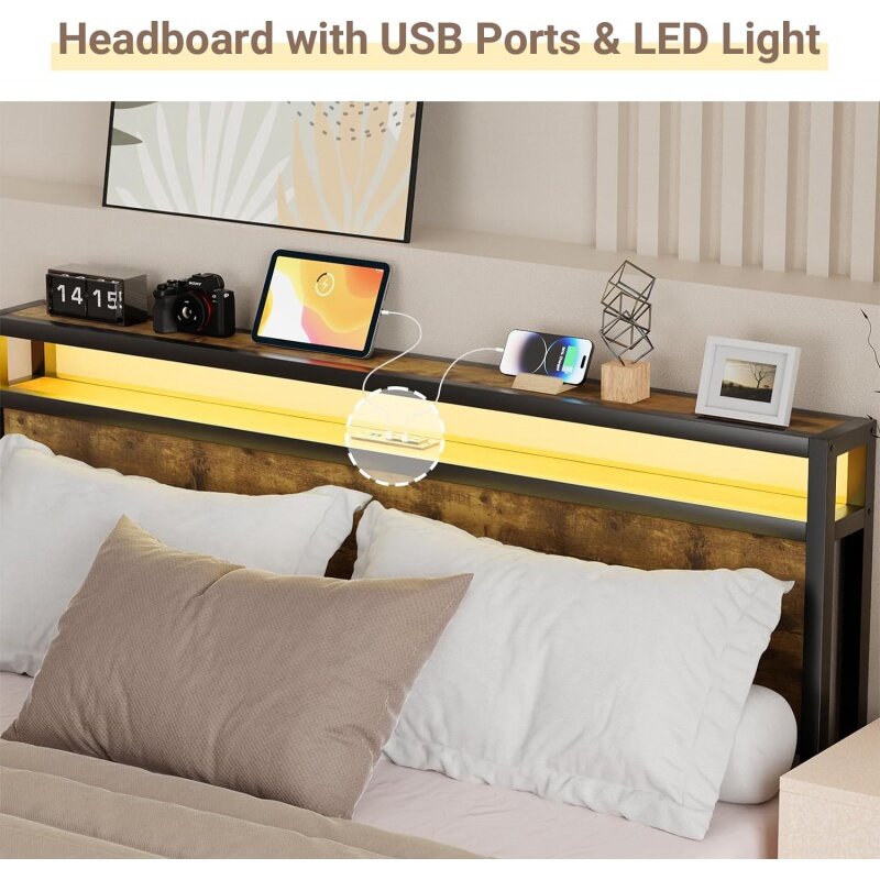 Queen Bed Frame com RGB LED Lights Strip, Armazenamento Headboard, Built-in USB e tomada elétrica, Estação de carregamento, Queen-S