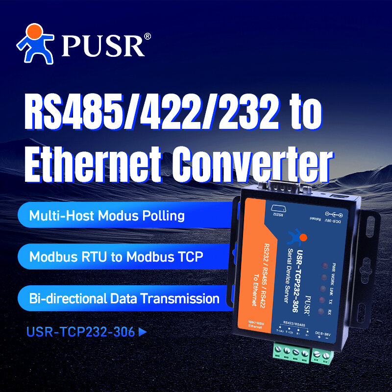 PUSR RS232 RS485 RS422 для Ethernet TCP IP, Шлюз Modbus, последовательное устройство, серверное строение