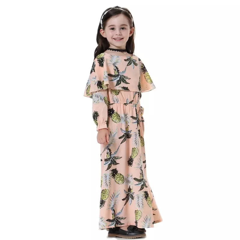 Gaun kasual anak perempuan Kaftan Islam kerah persegi anak-anak bunga Ramadan Maroko Arab Ruffles gaun manis longgar cetak